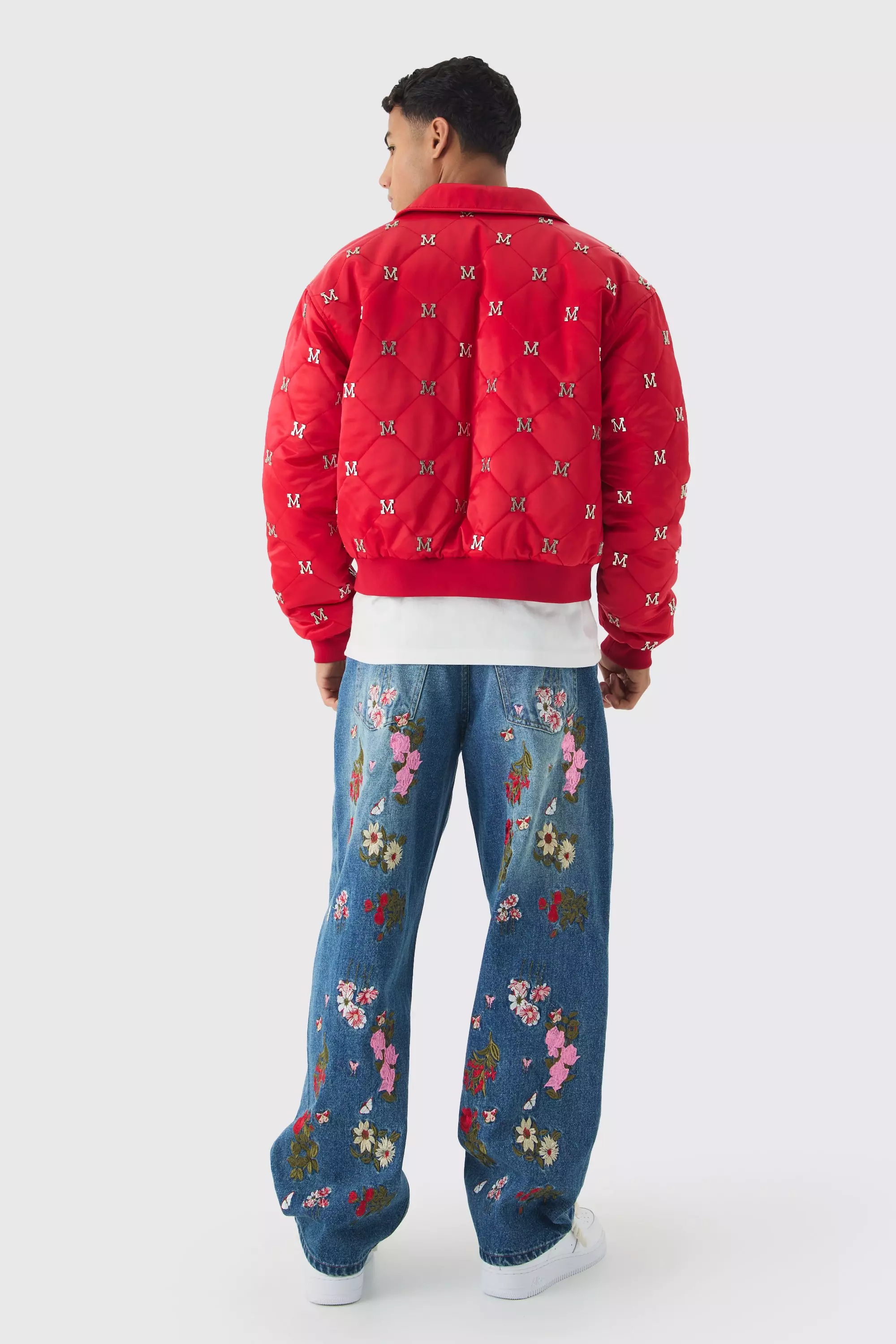 Baggy Fit Rigid Floral Embroidered Jeans | boohooMAN USA